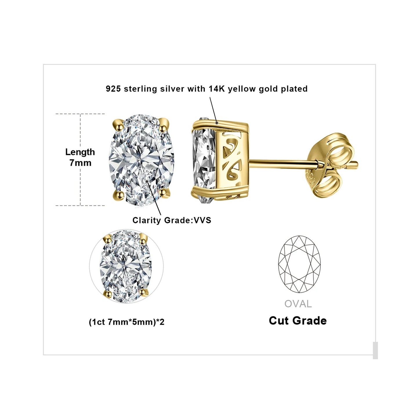 14K ct Gold Plated Moissanite Oval Stud Earrings - SYMI JEWEL