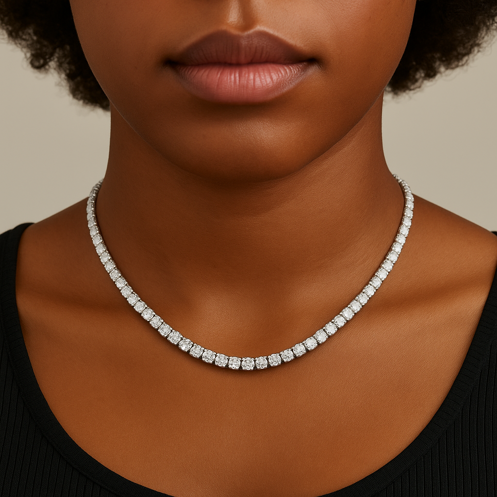 925 sterling silver and round-cut lab-grown diamonds, worn on a model’s neck and styled for everyday luxury.
moissanite tennis necklace
925 sterling silver moissanite necklace
lab-grown diamond necklace
GRA certified necklace
luxury moissanite jewelry
tennis necklace for men and women
real moissanite tennis chain
ethical diamond necklace
unisex moissanite necklace
affordable luxury jewelry
anniversary gift necklace
celebrity-inspired necklace anniversary gift necklace
celebrity-inspired necklace