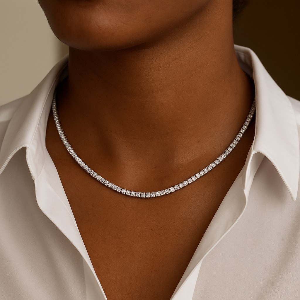 925 sterling silver and round-cut lab-grown diamonds, worn on a model’s neck and styled for everyday luxury.
moissanite tennis necklace
925 sterling silver moissanite necklace
lab-grown diamond necklace
GRA certified necklace
luxury moissanite jewelry
tennis necklace for men and women
real moissanite tennis chain
ethical diamond necklace
unisex moissanite necklace
affordable luxury jewelry
anniversary gift necklace
celebrity-inspired necklace anniversary gift necklace
celebrity-inspired necklace