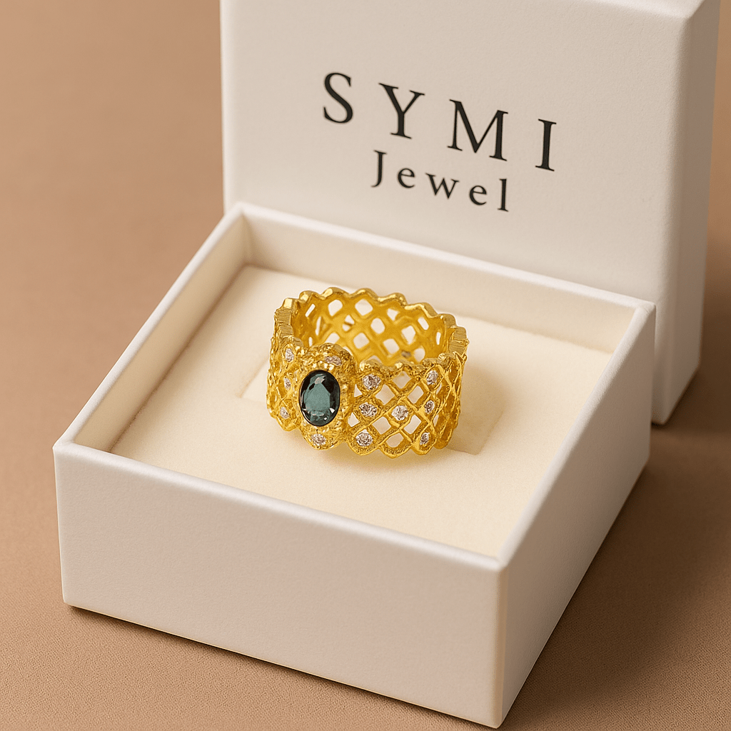 18K Gold Plated Green Moissanite Mesh Ring - SYMI JEWEL