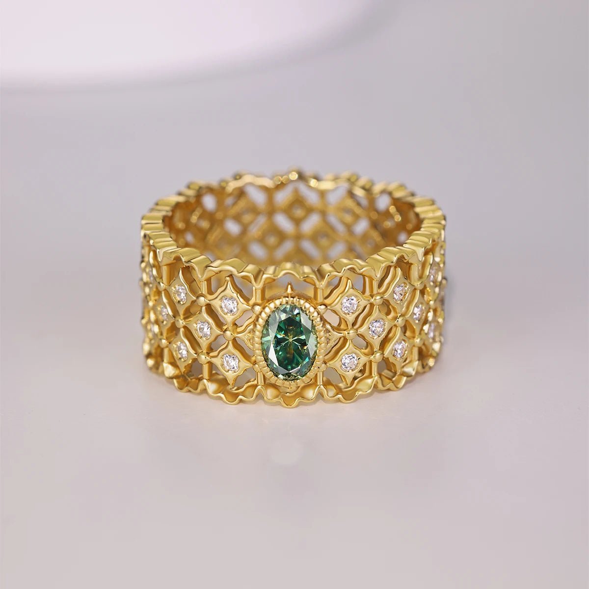 18K Gold Plated Green Moissanite Mesh Ring - SYMI JEWEL