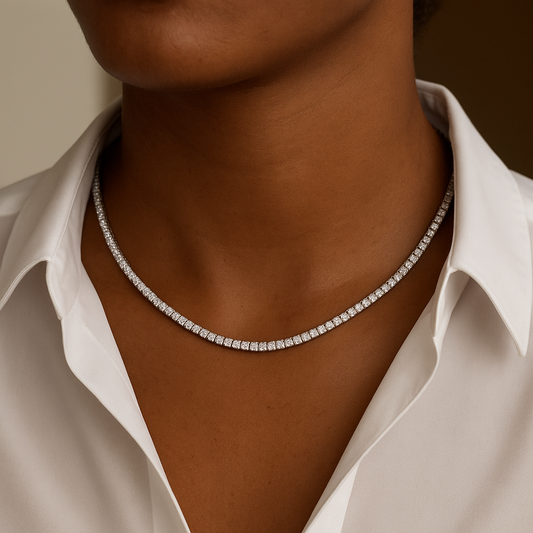 925 sterling silver and round-cut lab-grown diamonds, worn on a model’s neck and styled for everyday luxury.

moissanite tennis necklace
925 sterling silver moissanite necklace
lab-grown diamond necklace
GRA certified necklace
luxury moissanite jewelry
tennis necklace for men and women
real moissanite tennis chain
ethical diamond necklace
unisex moissanite necklace
affordable luxury jewelry
anniversary gift necklace
celebrity-inspired necklace anniversary gift necklace
celebrity-inspired necklace