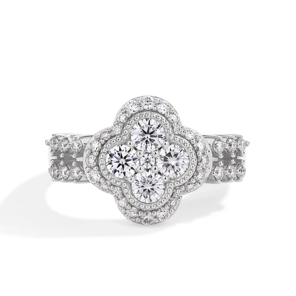 18k White Gold Plated Clover Bloom Moissanite Ring - SYMI JEWEL