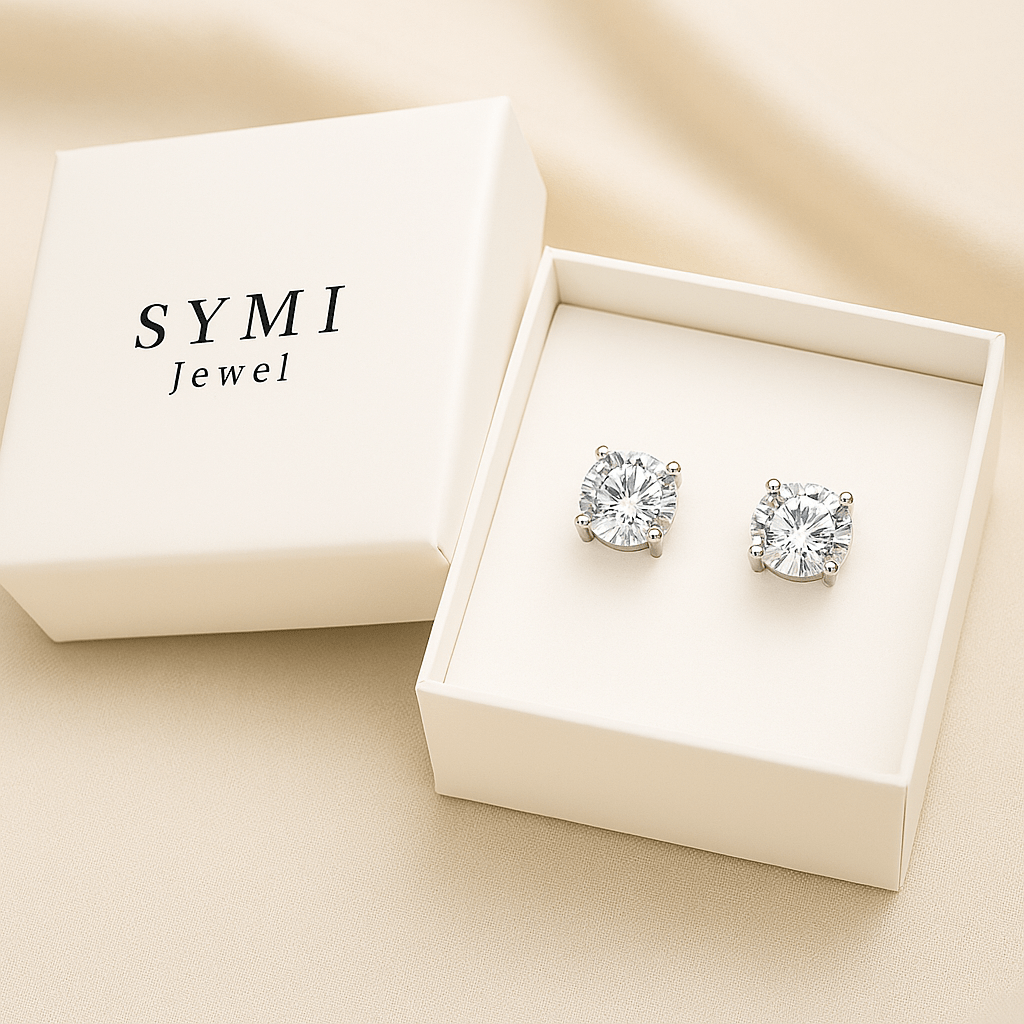 18K White Gold Plated Moissanite Stud Earrings - SYMI JEWEL