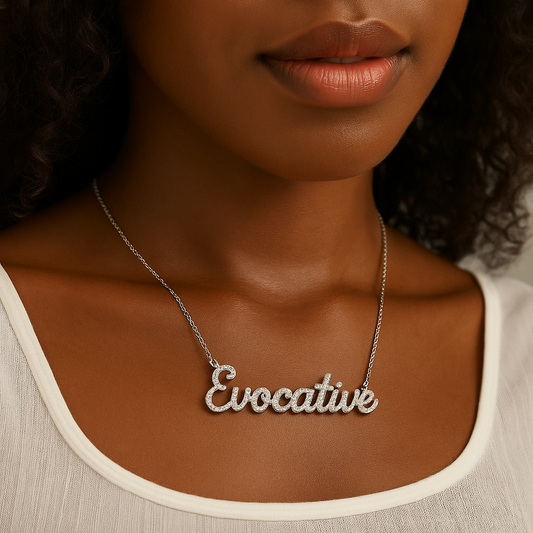 Close-up of custom Moissanite name necklace spelling "Evocative" on Natural_Beauty

custom Moissanite necklace
Moissanite nameplate necklace
925 sterling silver name necklace
personalized Moissanite jewelry
diamond tester pass necklace
VVS clarity custom pendant
name necklace with Moissanite
sparkling letter necklace
birthday gift custom necklace
engraved Moissanite necklace
