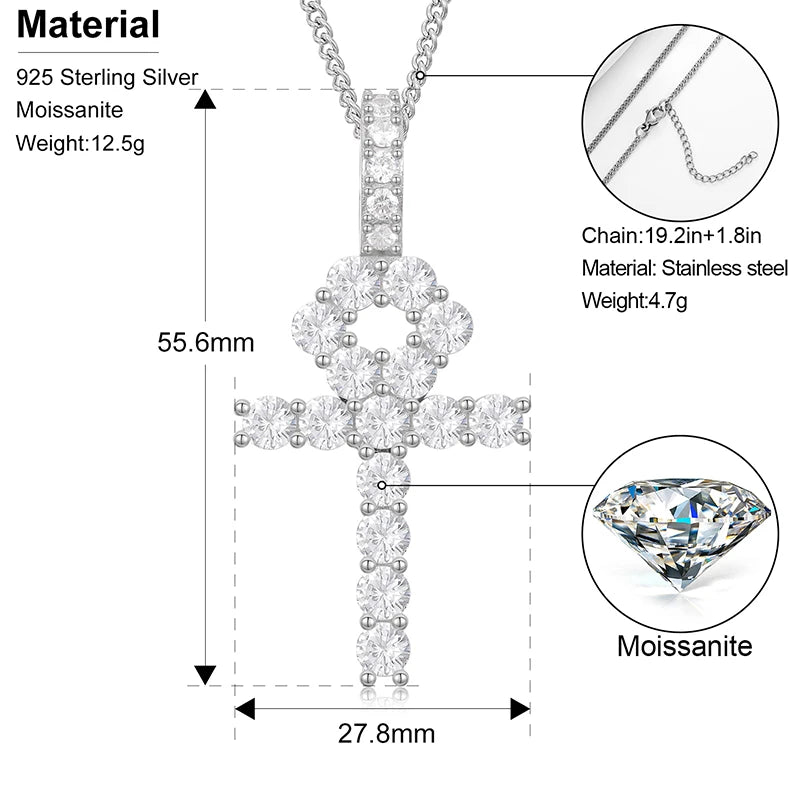 Moissanite Ankh Pendant – D Color, VVS1 | 925 Sterling Silver, White Gold Plated