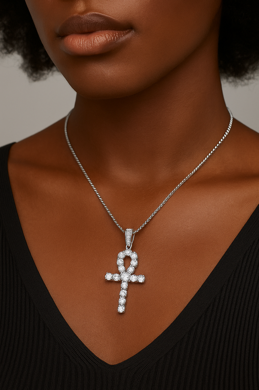 Moissanite Ankh necklace

D color VVS1 Moissanite pendant

925 sterling silver cross pendant

Iced out ankh pendant

White gold moissanite jewelry

Luxury spiritual jewelry

Ankh necklace for men and women

Diamond tester pass Moissanite

Hip hop ankh chain

Symi Jewel Moissanite pendant
Close-up of GRA certified Moissanite Ankh pendant – 925 sterling silver