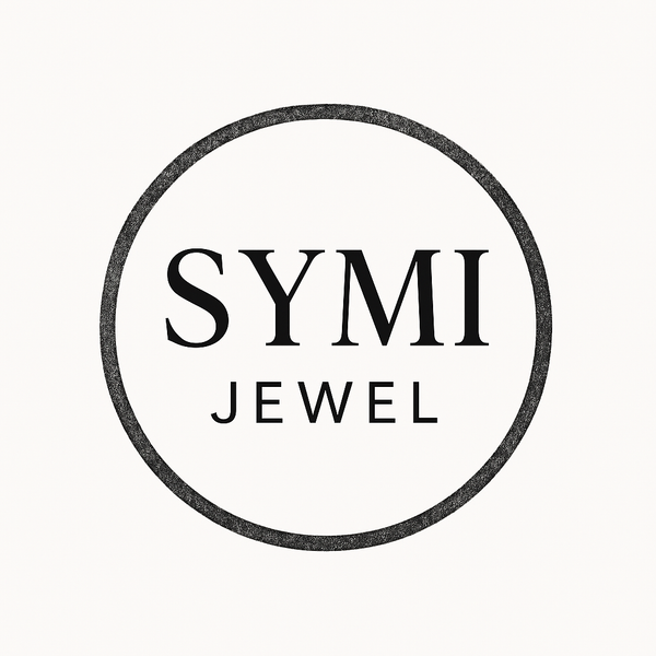 Symi Jewel logo featuring the word SYMI in bold serif font and JEWEL in smaller sans-serif font, centered inside a textured charcoal gray circular border on a soft white background